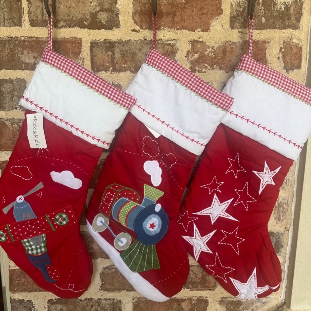 Bundle of 3 New Richi&Ricki Red Quilted Christmas Stockings: train+airplane+star